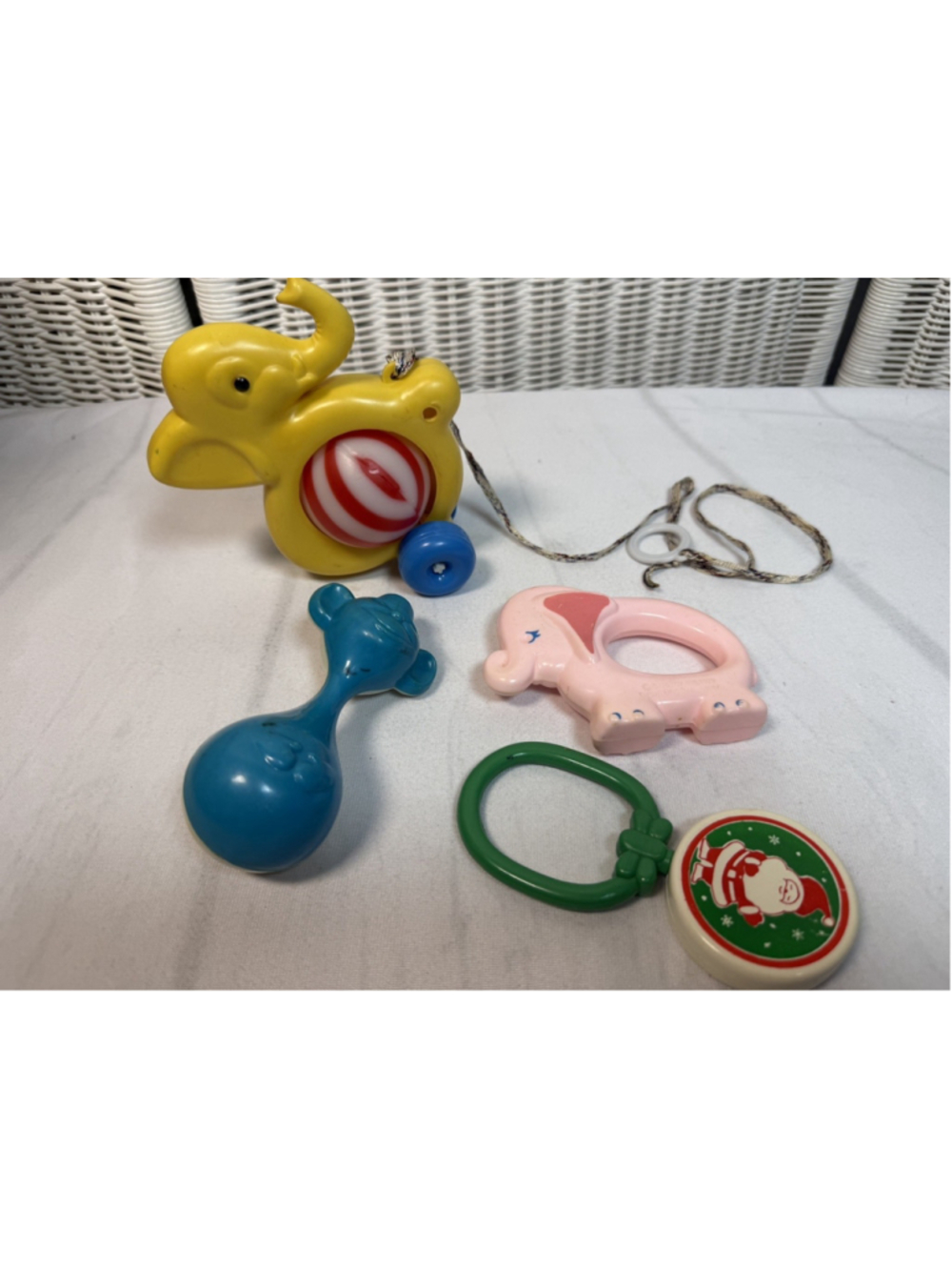 Vintage Baby Toy Lot Elephant Pull Toy Rattles Christmas Santa + Phone Rattle